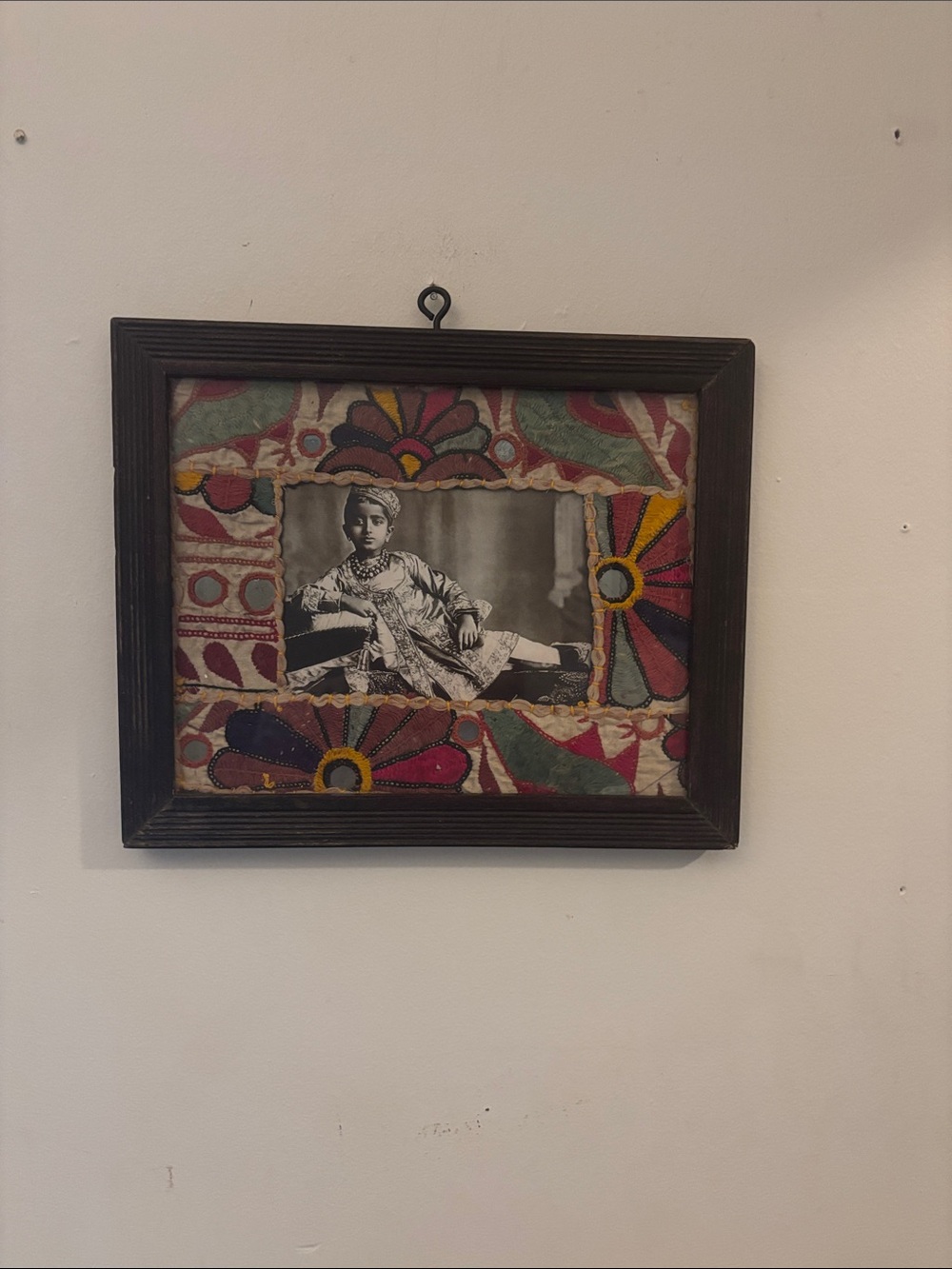 Vintage Style Indian Maharaja Prince Portrait in Festive Fabric Patchwork Frame